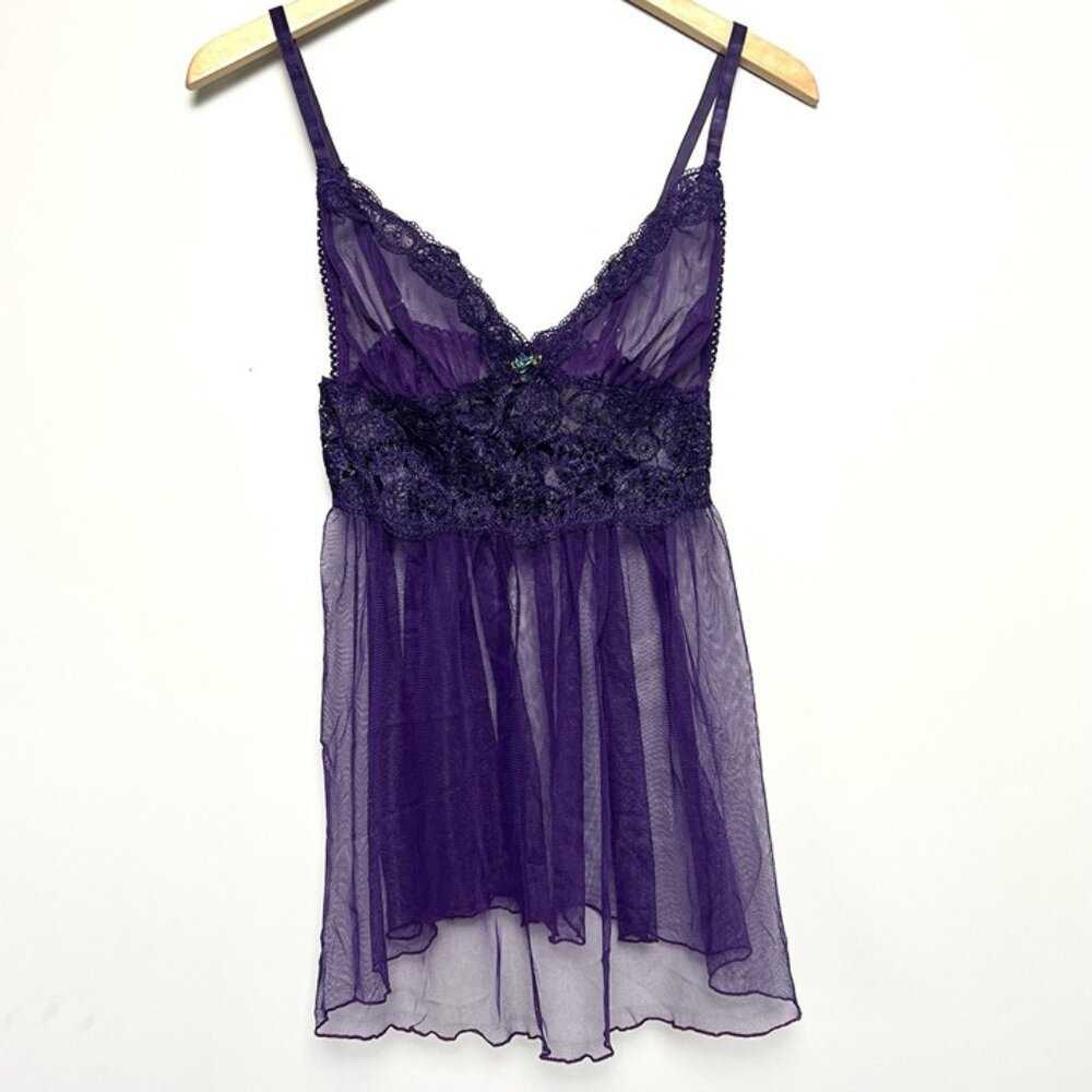 Fredericks Of Hollywoods Purple Sheer Lace Babydoll Top sz M Y2k Coquette Sexy